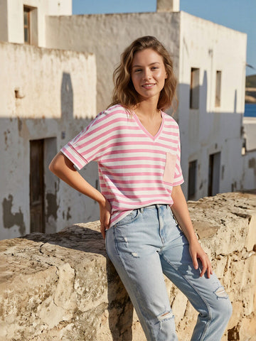 Casual Striped V Neck Pocket T-Shirt