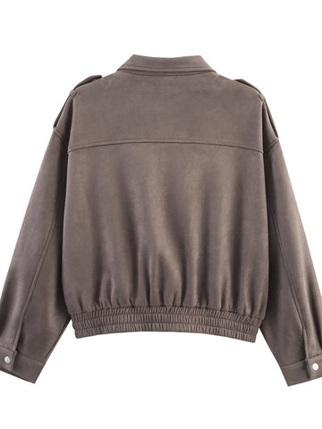 Cropped Suede Utility Bomber Jacket