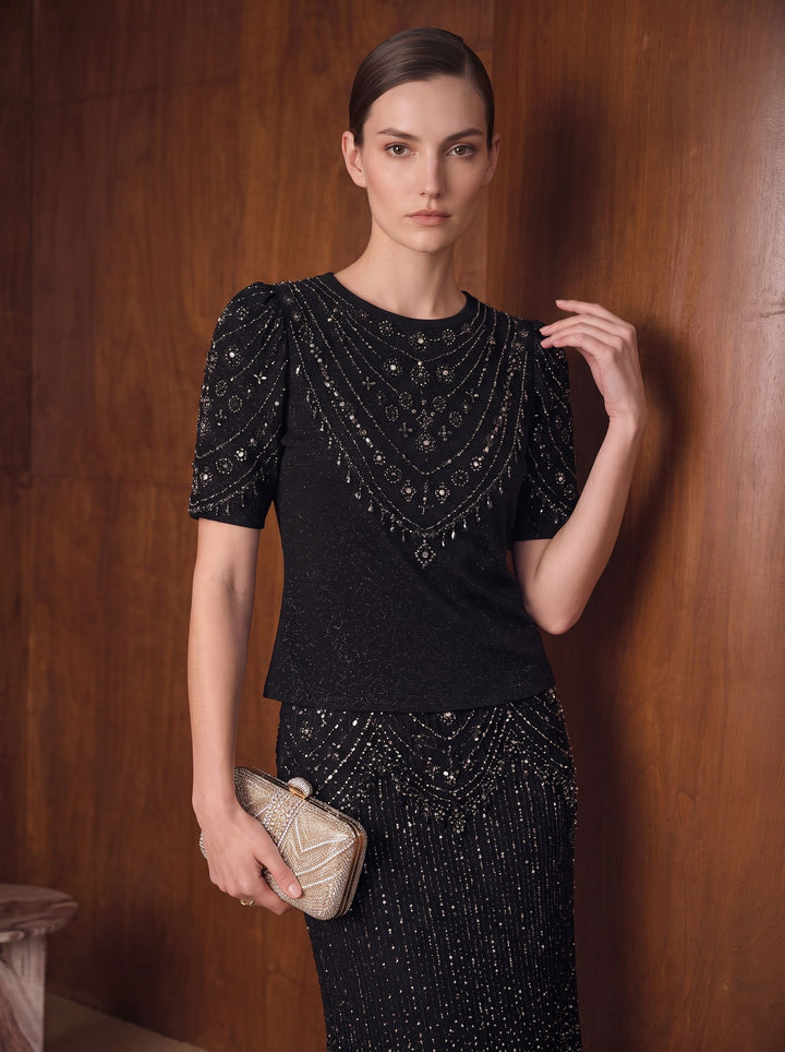 Embellished Shimmer Puff Sleeve Sweater