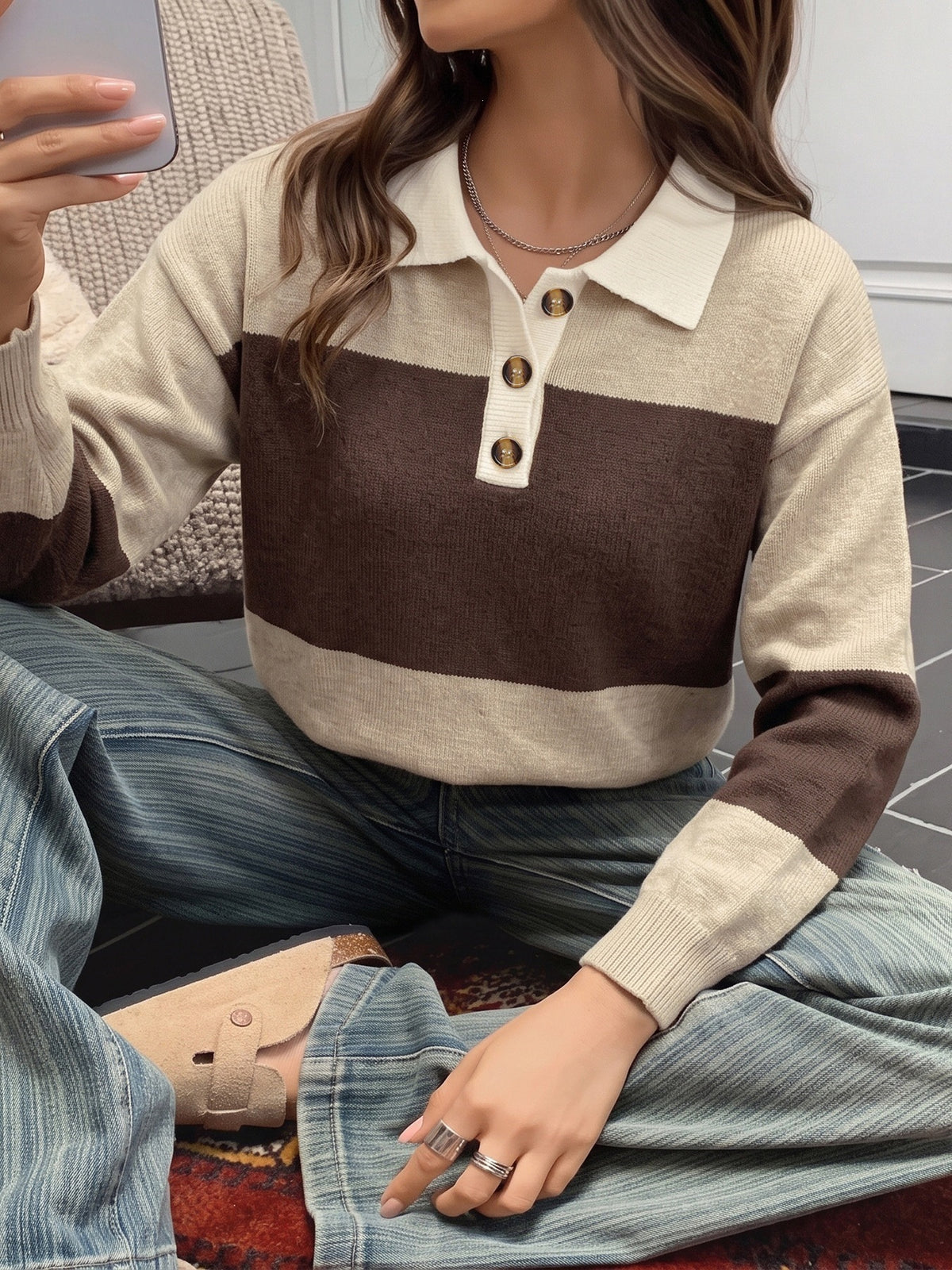Oversized Striped Polo Collar Sweater