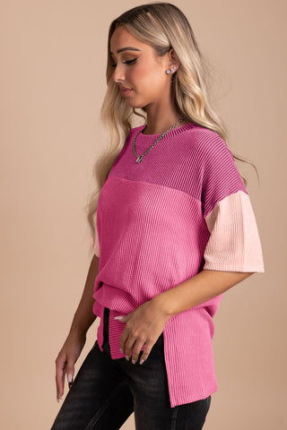 Colorblock Ribbed Knit Casual T-Shirt