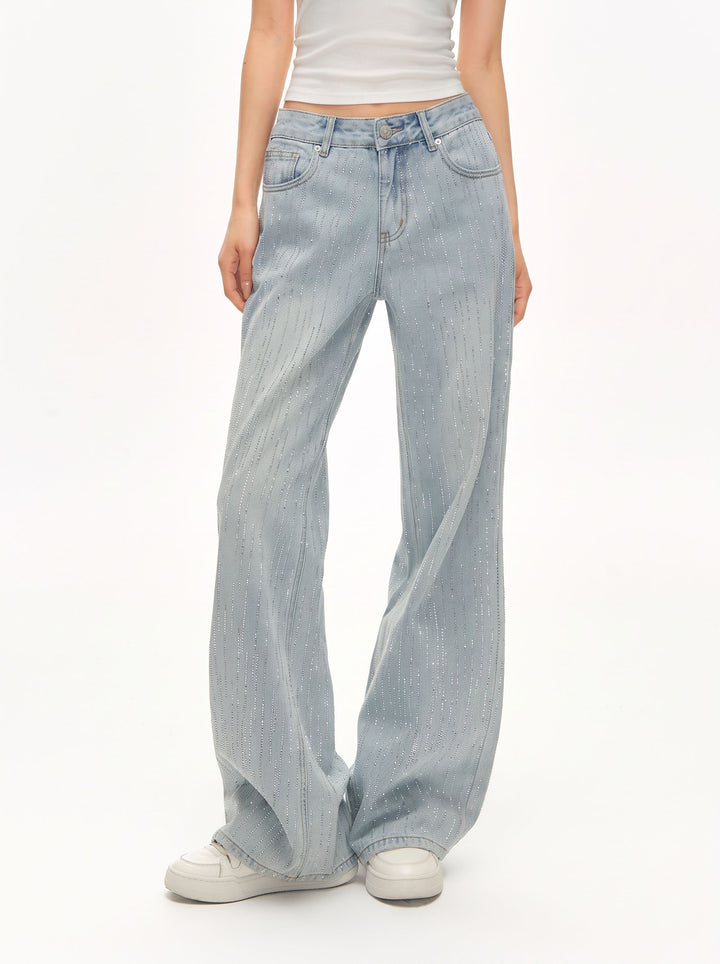 Sparkly Rhinestone High Waisted Wide Leg Jeans