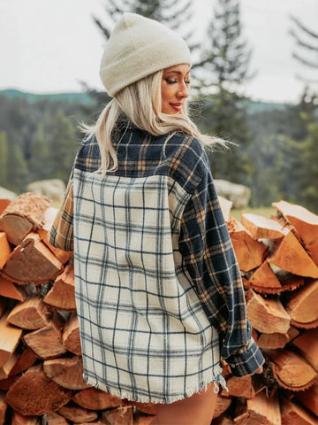 Oversized Colorblock Plaid Button Up Jacket