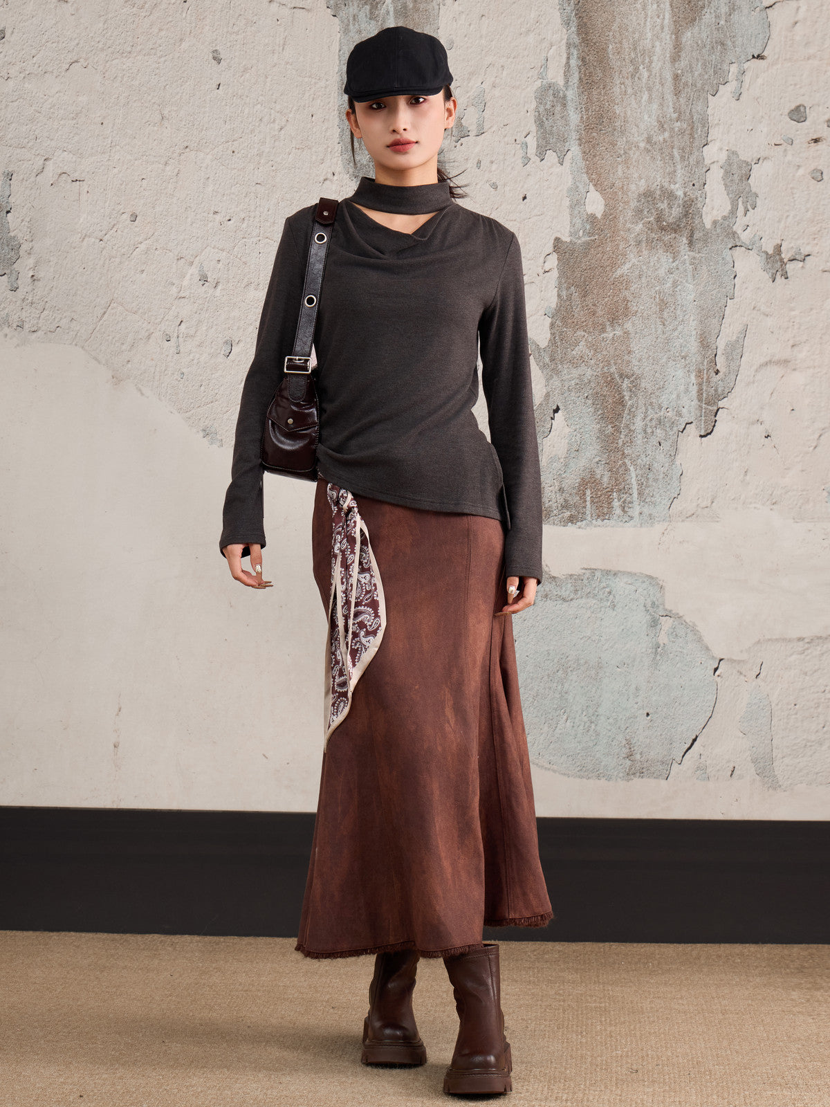 Faux Suede Distressed Midi Skirt