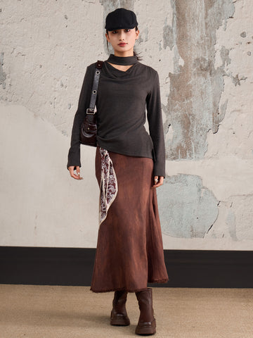 Faux Suede Distressed Midi Skirt