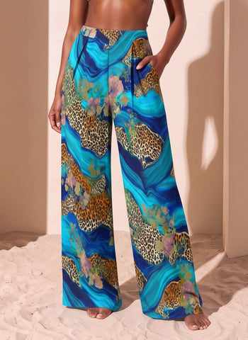 Blue Marble Leopard Print Wide Leg Pants