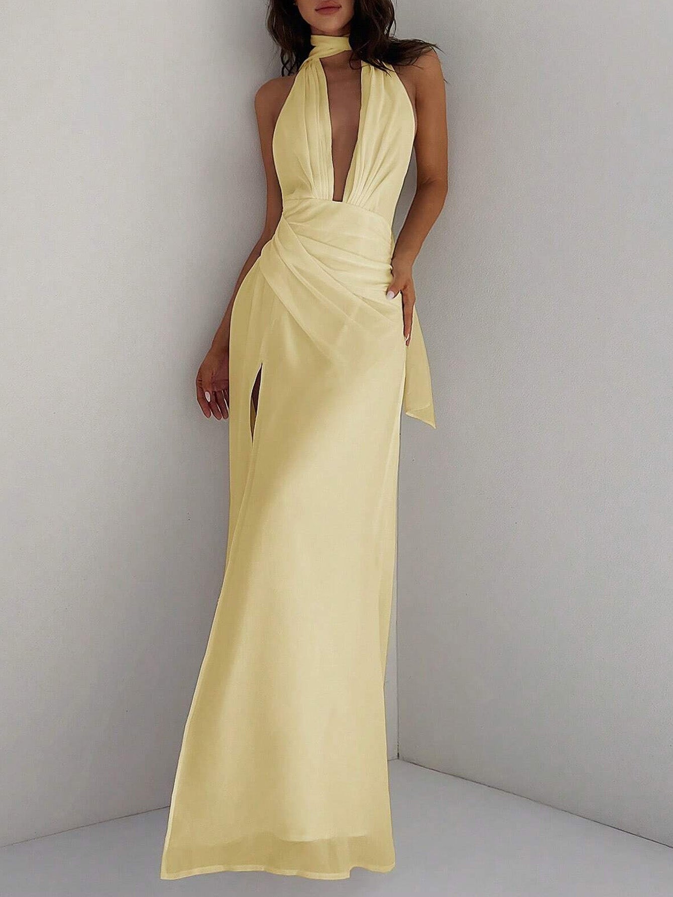 Halter High-Slit Ruched Sexy Evening Dress-Yellow