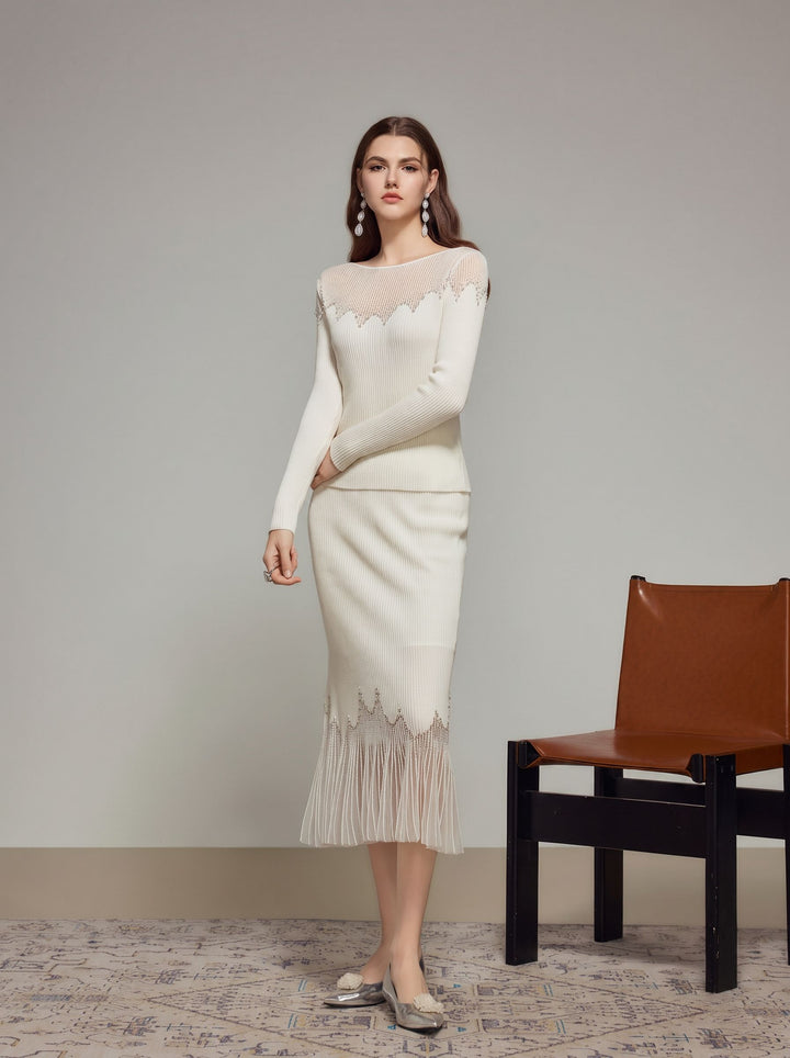 Embellished Sheer Neck Ribbed Pullover Sweater