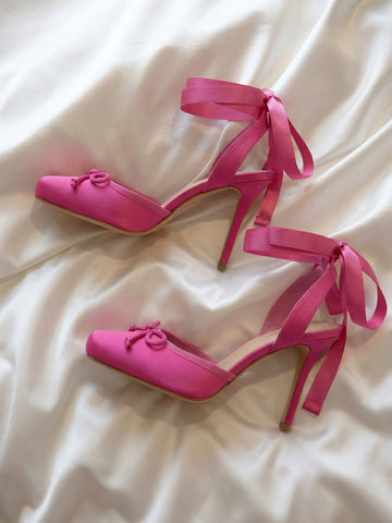 Satin Ribbon-Lace Stiletto Elegant Ballet Heels-Fuchsia