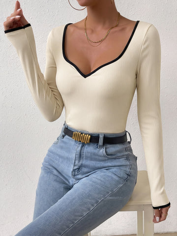 Ribbed Contrast Trim Long Sleeve Bodysuit