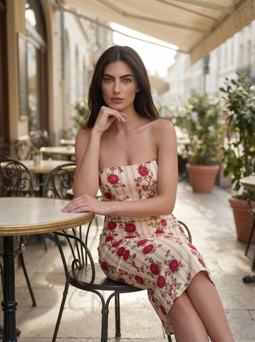 Kim's Red Floral Stripe Print Midi Dress