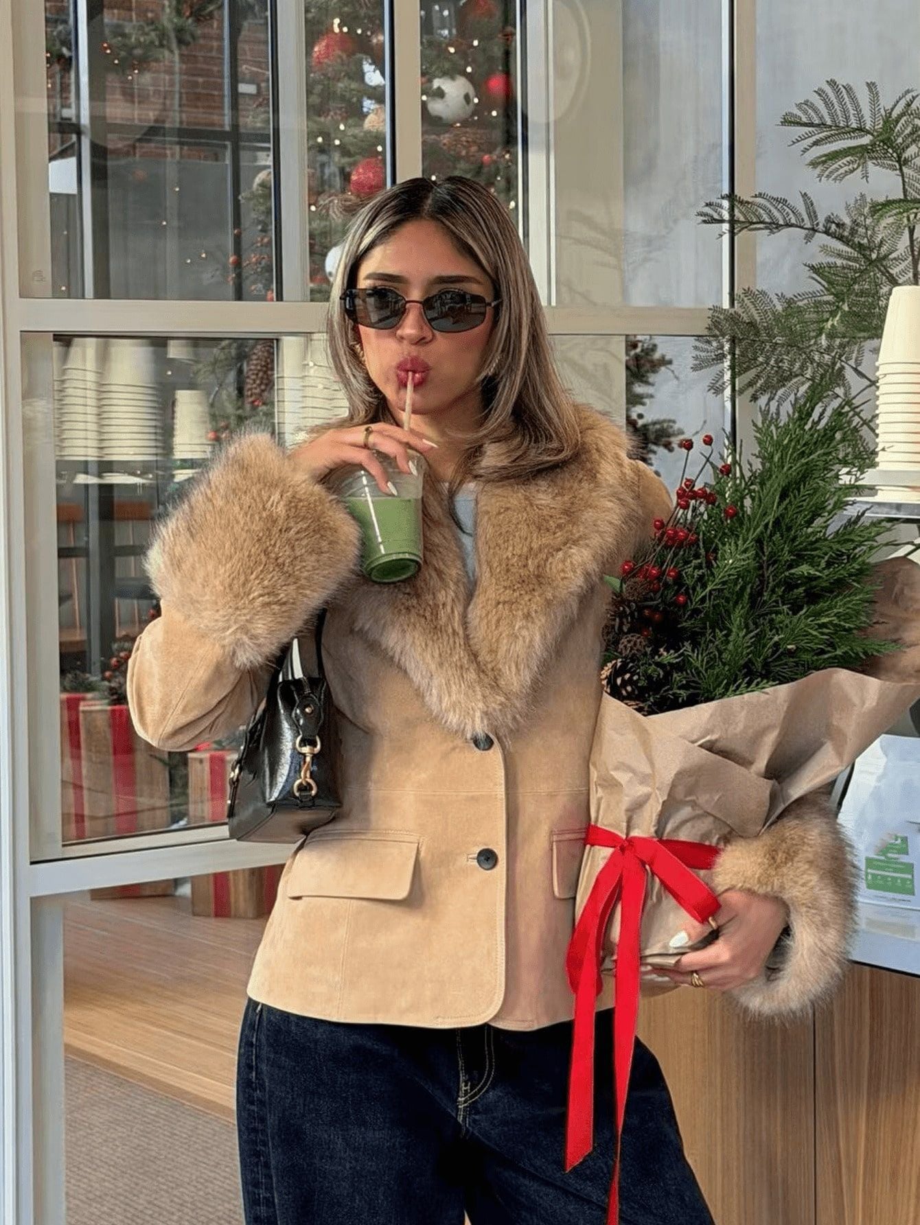 Cozy Faux Fur Trim Suede Jacket