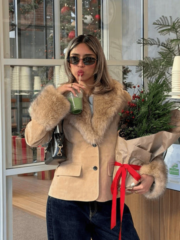 Cozy Faux Fur Trim Suede Jacket
