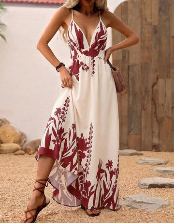 V Neck Floral Print Boho Maxi Dress