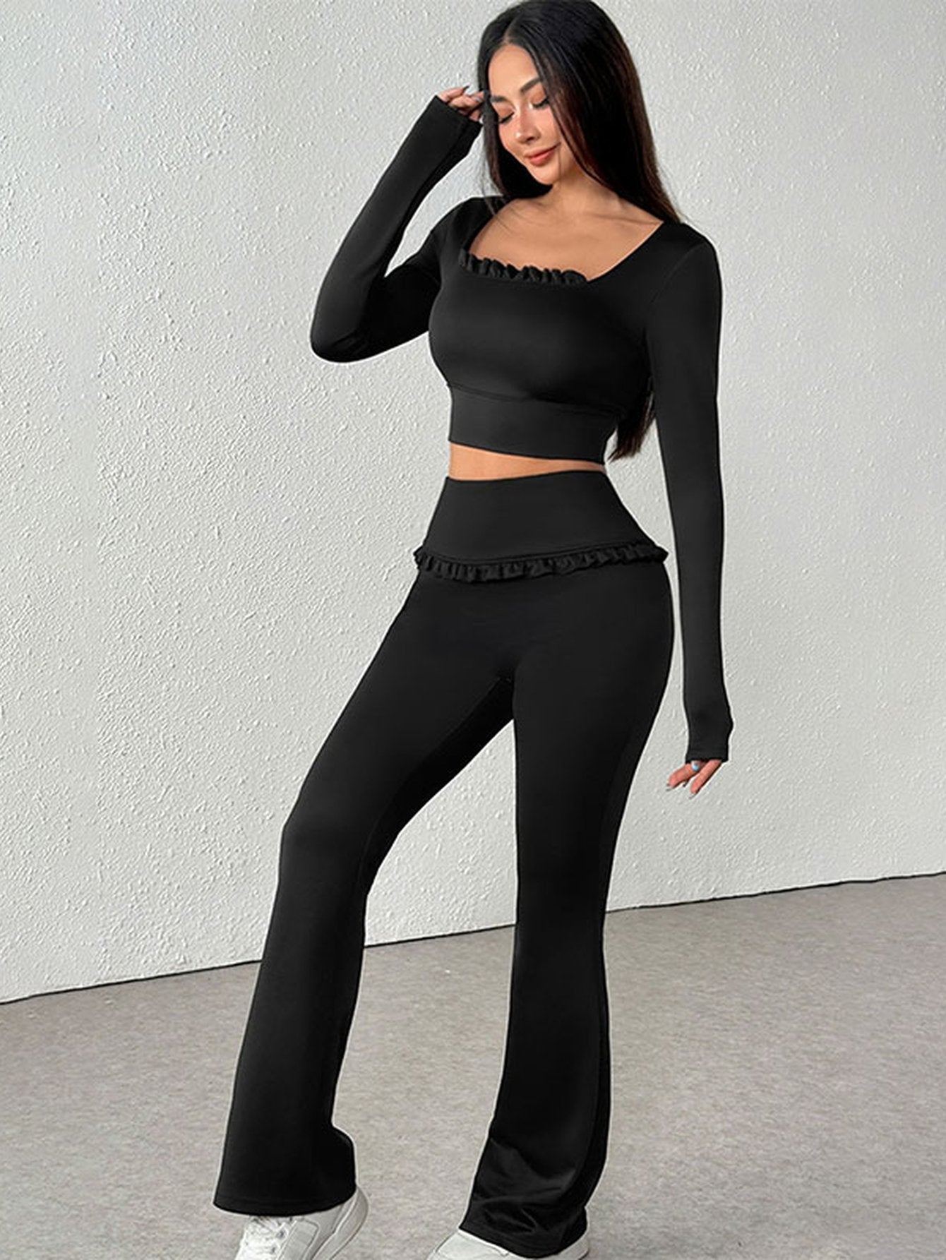 Ruffle Trim Crop Top Pants Set