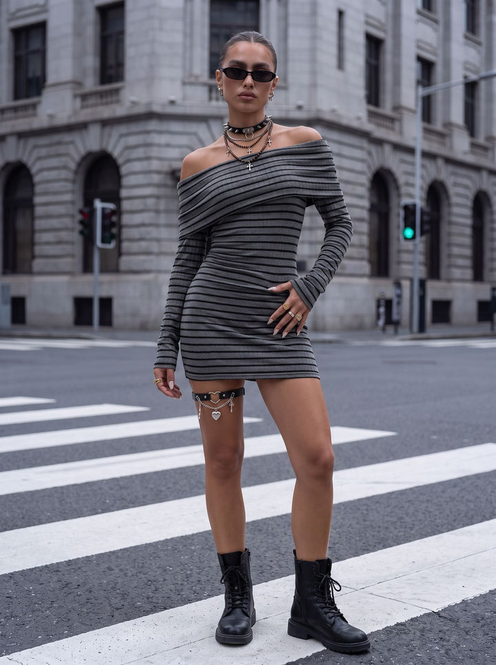Off Shoulder Striped Ribbed Mini Dress