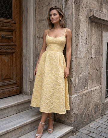 Elegant Textured Yellow Midi Dress