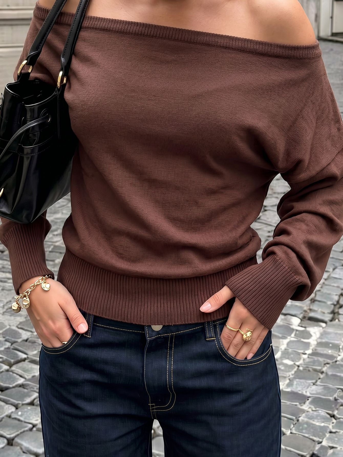 Off Shoulder Fitted Ribbed Sweater