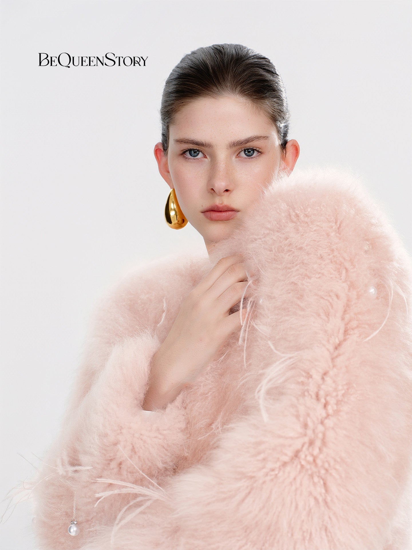 Plush Pink Feather Trim Fur Coat