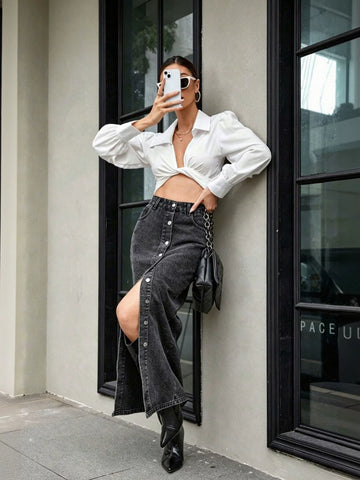 High Waisted Button Front Denim Maxi Skirt