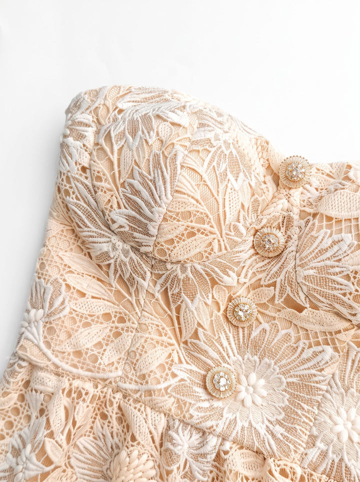 Strapless Floral Lace Belted Maxi Dress