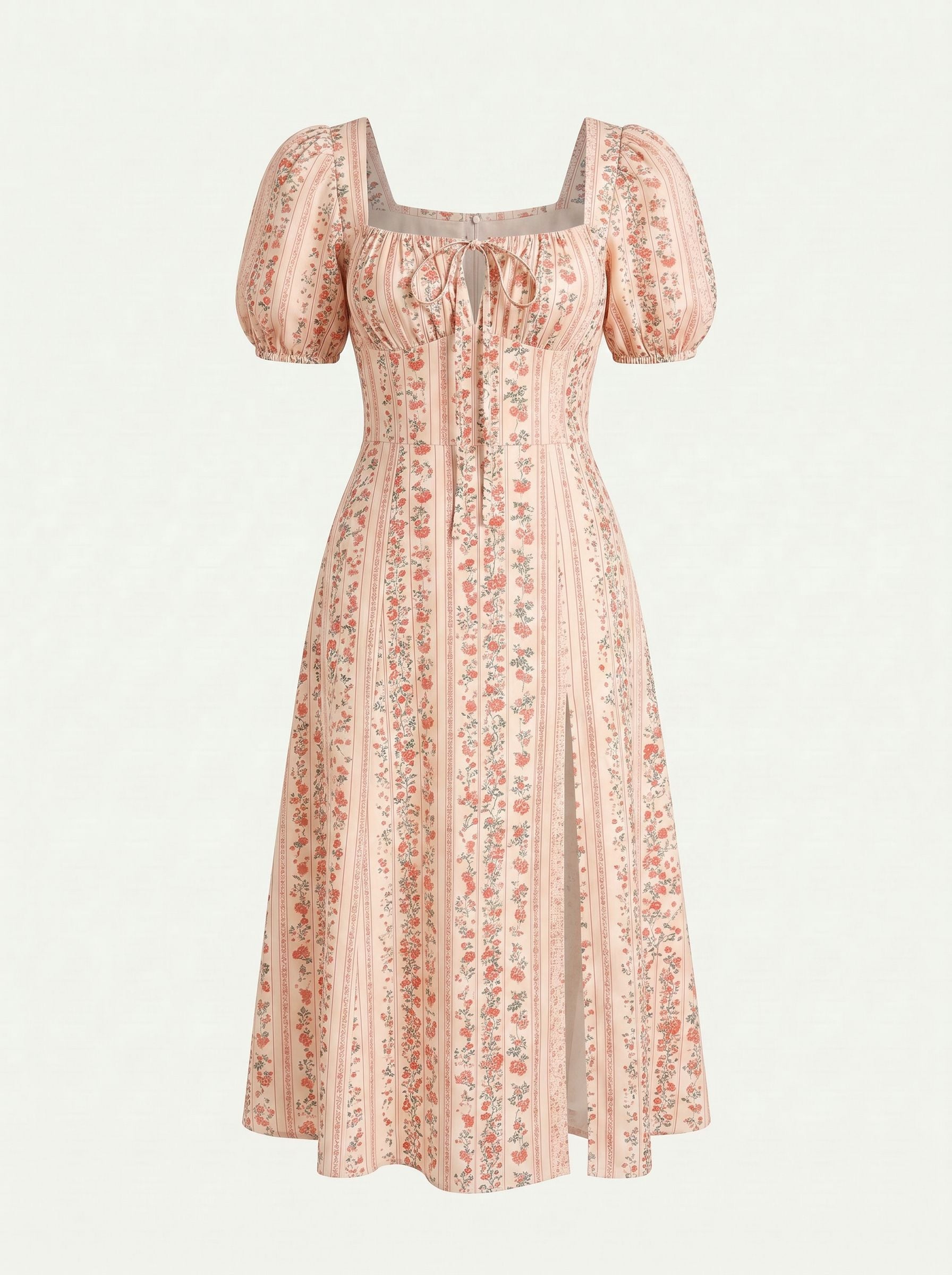 Floral Print Puff Sleeve Tie MidiDress