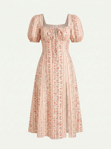 Floral Print Puff Sleeve Tie MidiDress