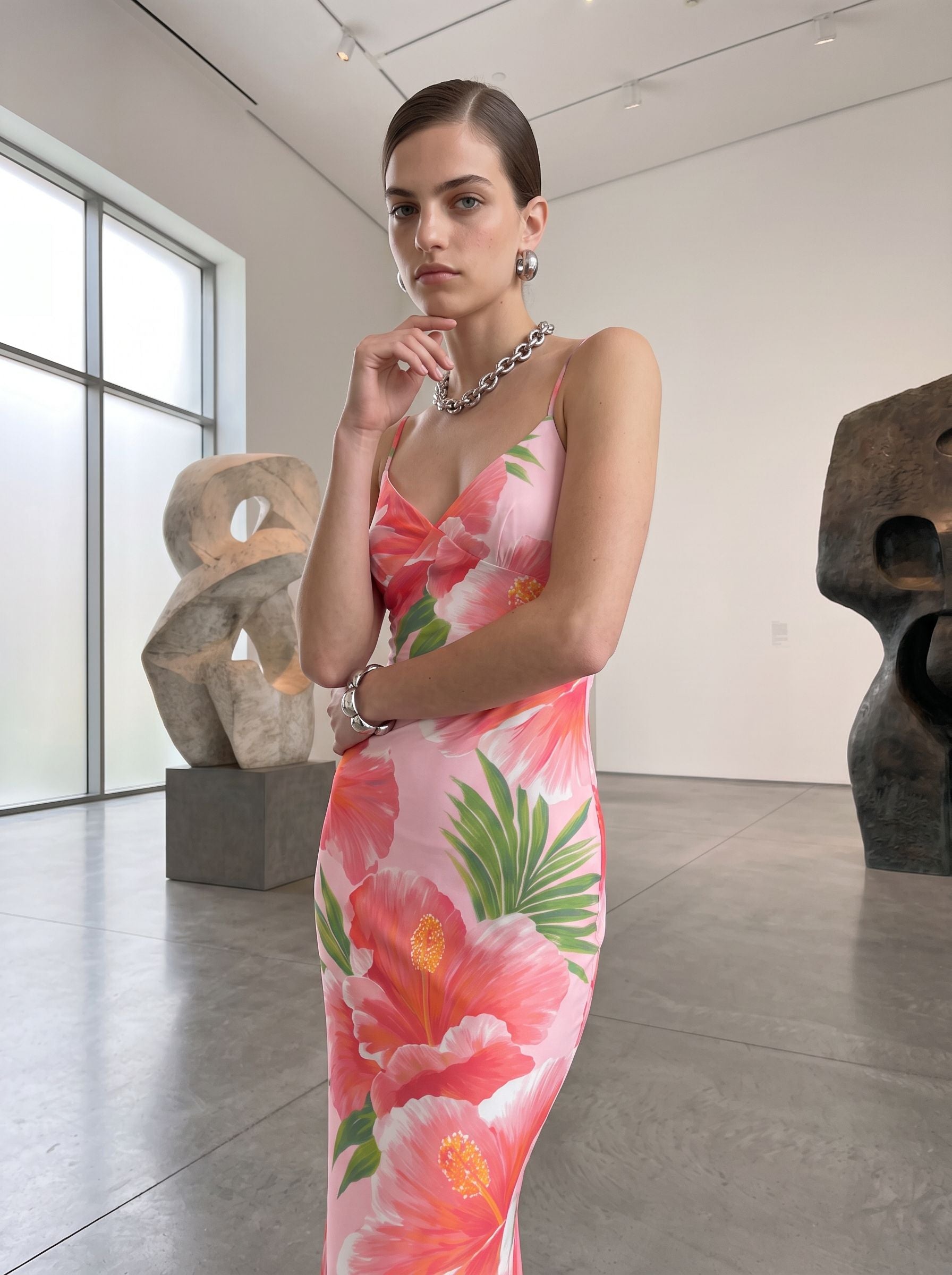 elainefox536's Pink Hibiscus Print Maxi Dress