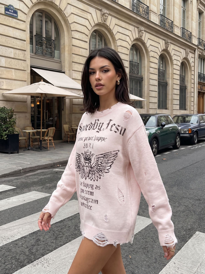 Distressed Graphic Oversized Knit Sweater