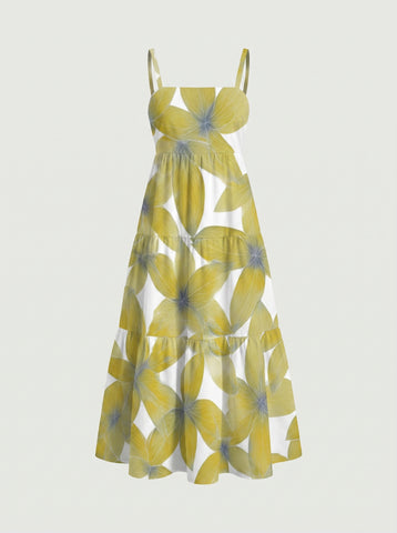 FLORA Floral Print Tiered Strap Midi Dress