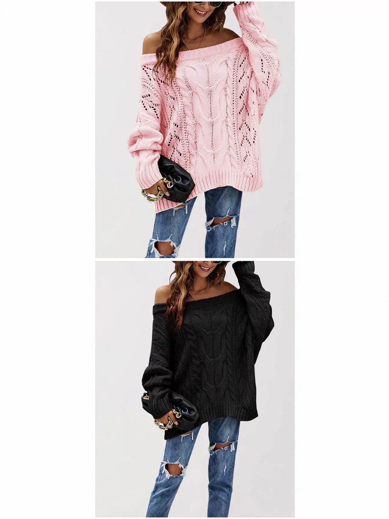 Oversized Off Shoulder Cable Knit Sweater