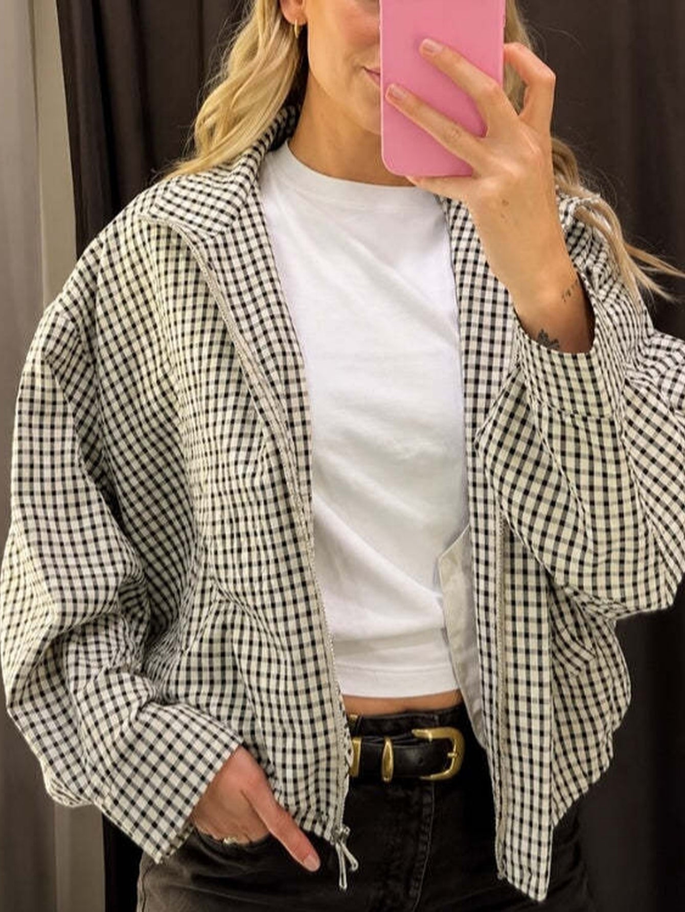 Oversized Gingham Stand Collar Casual Jacket