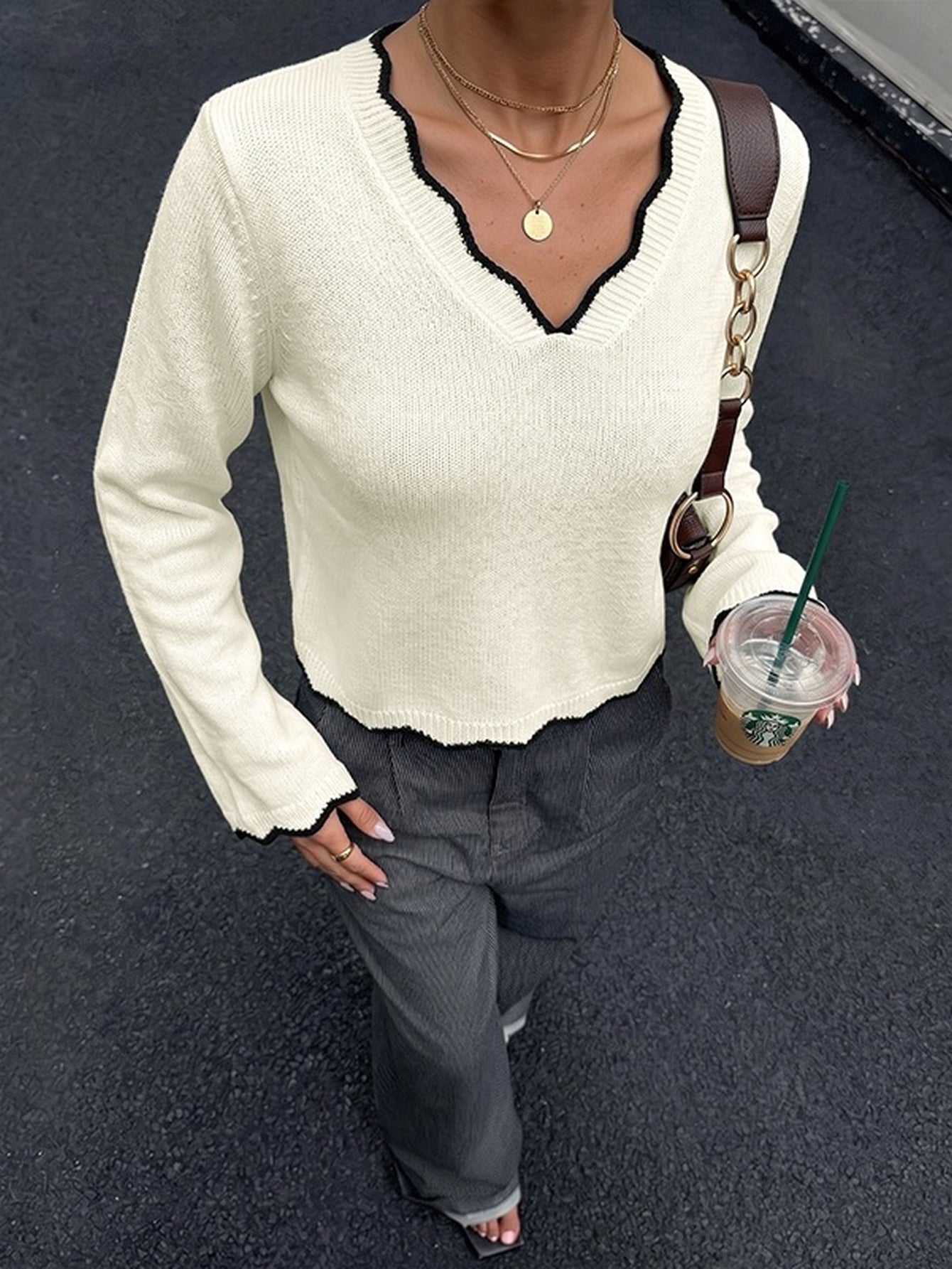 Contrast Trim V Neck Sweater