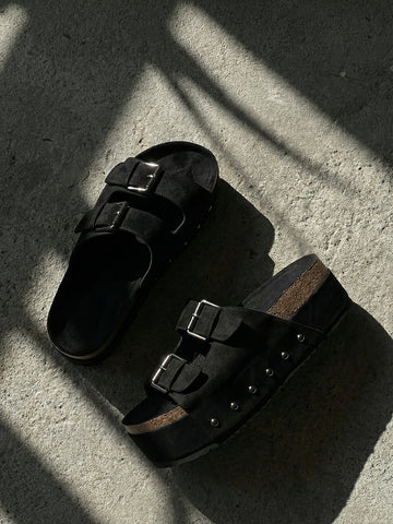 Cork Sole Double-Buckle Studded Edgy Platform Sandals-Black