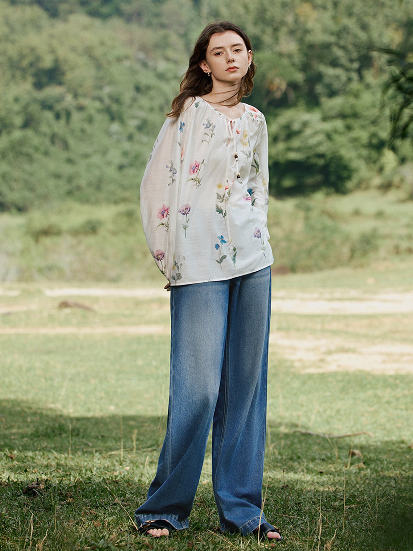 TOYOUTH Light Blue Floral Print Tie-Neck Blouse