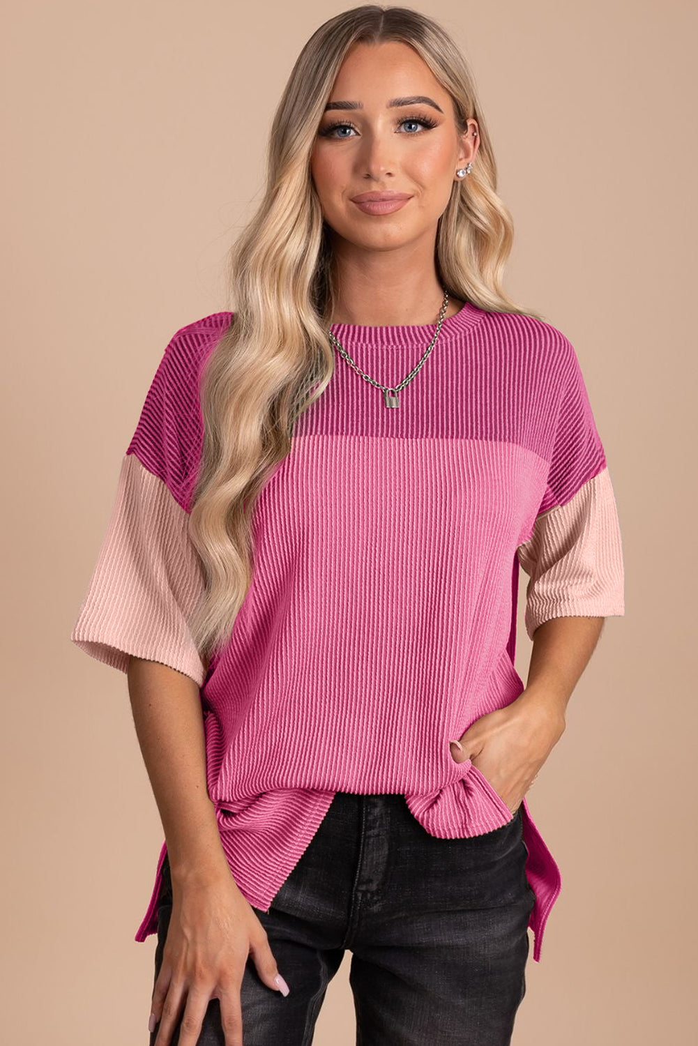 Colorblock Ribbed Knit Casual T-Shirt