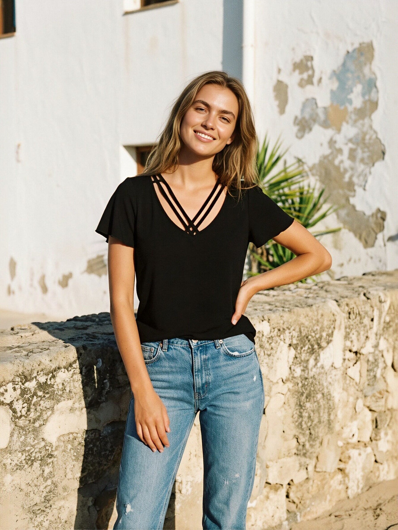 Crisscross V Neck Flutter Sleeve T-Shirt
