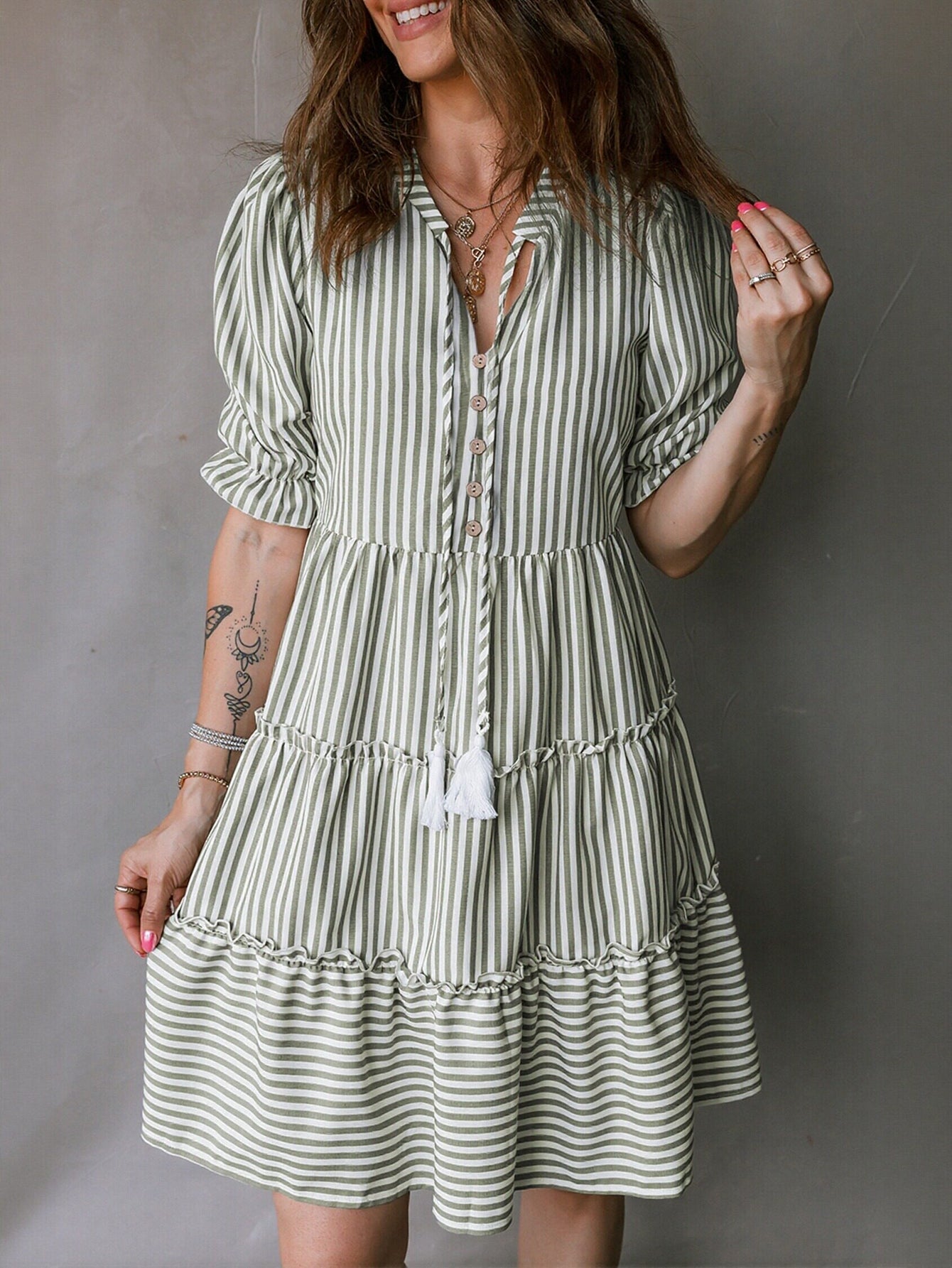 Striped Tiered Tassel Detail Dress