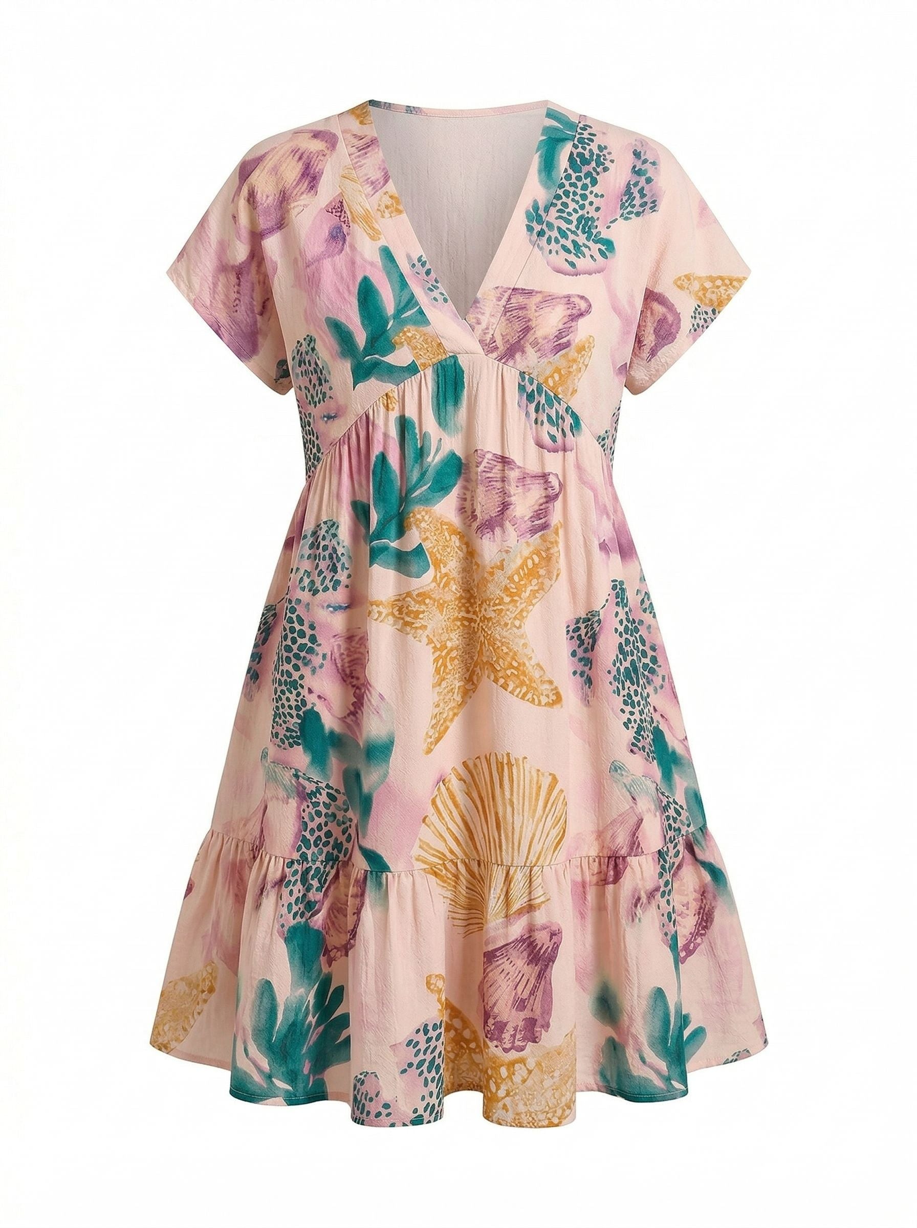 Floral Print V Neck Tiered Babydoll Mini Dress