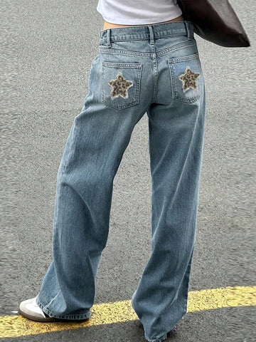 Leopard Star Print Wide Leg Jeans