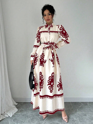 Boho Printed Belted Maxi Dress