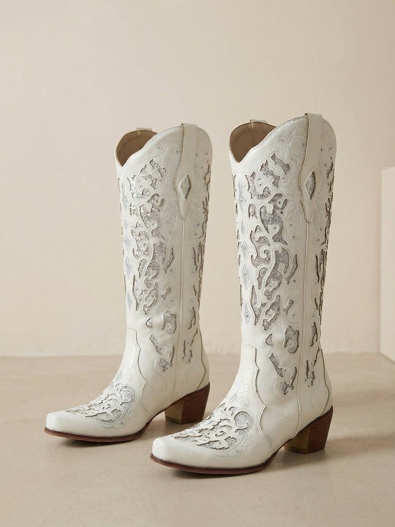 Glitter Cutout Pointed Toe Glamorous Cowboy Boots-White