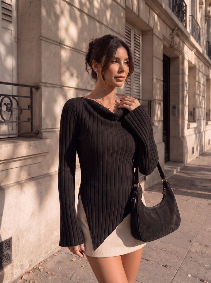 Ribbed Cowl Neck Flare Sleeve Top
