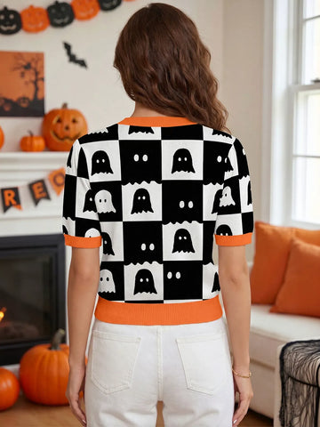 Ghost Print Checkerboard Short Sleeve Sweater