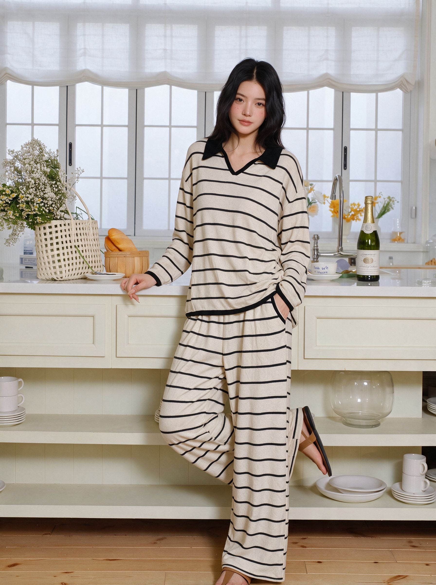 Cozy Striped Collared Loungewear Pajama Set