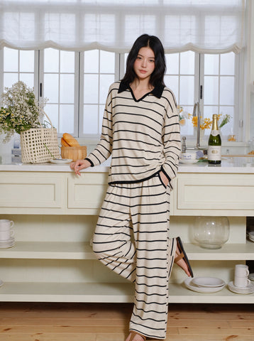 Cozy Striped Collared Loungewear Pajama Set