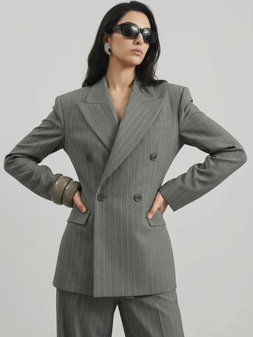 SAÏA Peaked Lapel Double-Breasted Tailored Waist Blazer-Gray