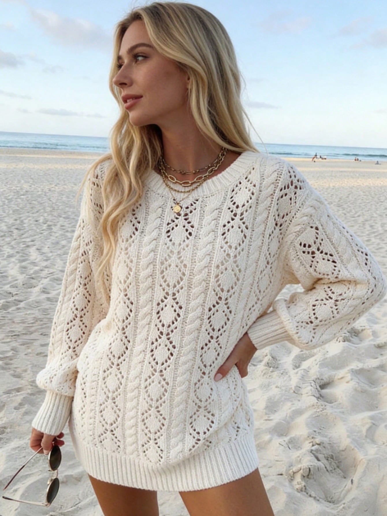 Chic Open Knit Crewneck Pullover Sweater