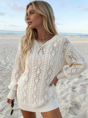 Chic Open Knit Crewneck Pullover Sweater