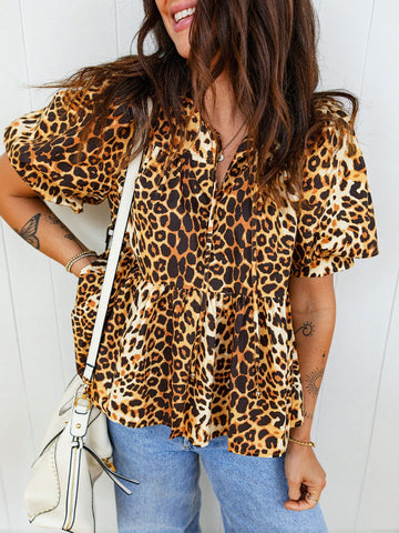 Leopard Print Puff Sleeve Peplum Top